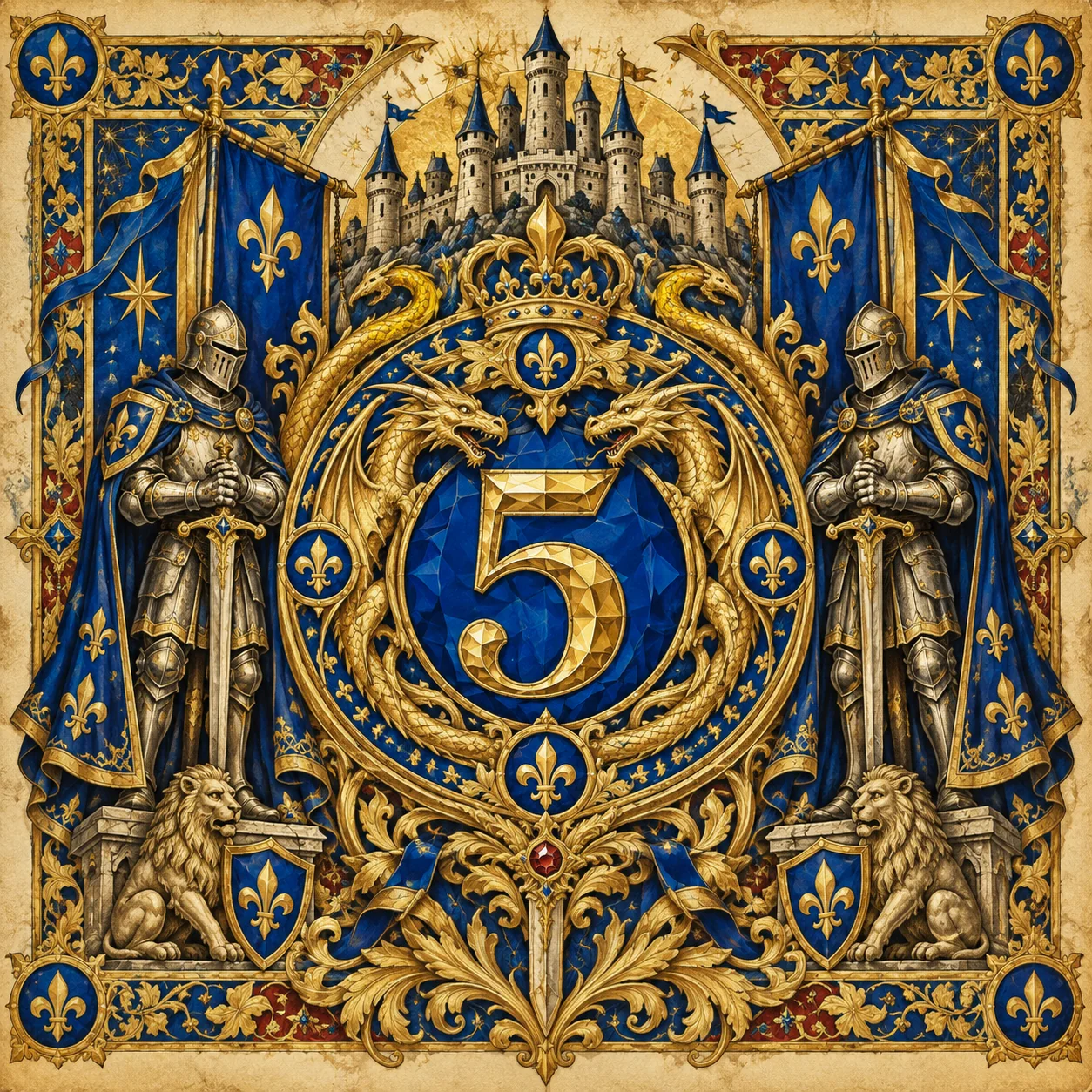 Royal heraldic crest with dragons, knights and a castle from the Golden Dynasty collection